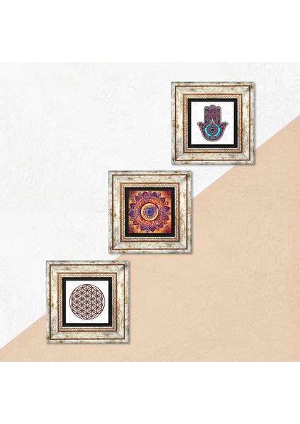 Stone Mandala, Yaşam Çiçeği, Fatma Ana Eli (Hamsa) Çerçeveli Taş Duvar Tablosu 3’lü Set - Dekoratif Modern Sanat, Ev ve Ofis Dekoru |TK3-119| indirimleri
