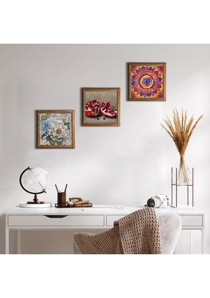 Mandala, Kelebekli Çiçek, Nar Taş Duvar Tablosu Ahşap Çerçeveli Duvar Dekoru 3 Parça Tablo Seti Wall Art W3-1179