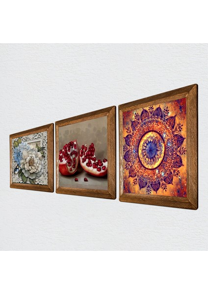 Mandala, Kelebekli Çiçek, Nar Taş Duvar Tablosu Ahşap Çerçeveli Duvar Dekoru 3 Parça Tablo Seti Wall Art W3-1179 fiyatları