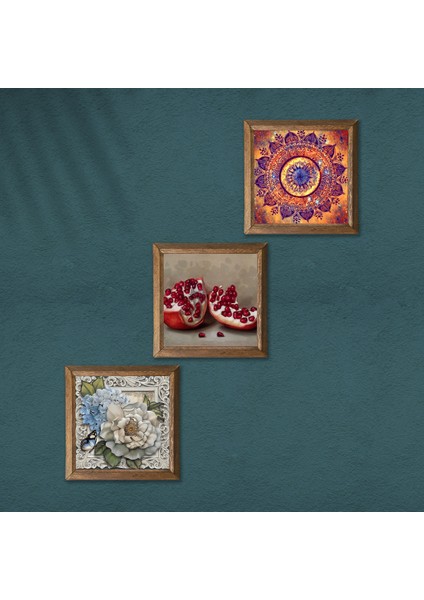 Mandala, Kelebekli Çiçek, Nar Taş Duvar Tablosu Ahşap Çerçeveli Duvar Dekoru 3 Parça Tablo Seti Wall Art W3-1179 modelleri