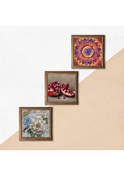 Mandala, Kelebekli Çiçek, Nar Taş Duvar Tablosu Ahşap Çerçeveli Duvar Dekoru 3 Parça Tablo Seti Wall Art W3-1179 indirimleri