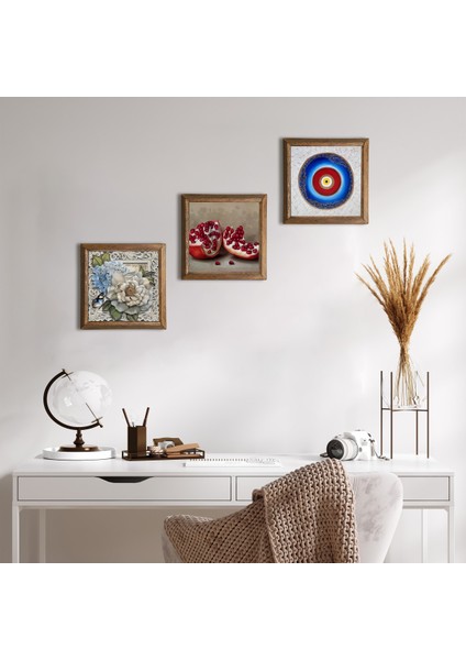Nazar, Kelebekli Çiçek, Nar Taş Duvar Tablosu Ahşap Çerçeveli Duvar Dekoru 3 Parça Tablo Seti Wall Art W3-1184
