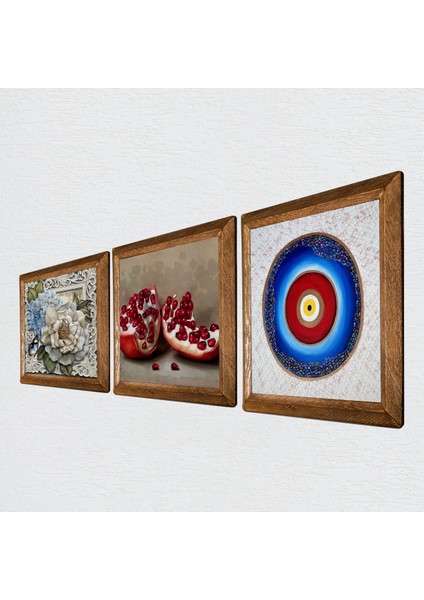 Nazar, Kelebekli Çiçek, Nar Taş Duvar Tablosu Ahşap Çerçeveli Duvar Dekoru 3 Parça Tablo Seti Wall Art W3-1184 fiyatları