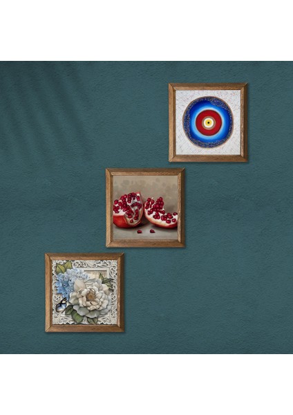 Nazar, Kelebekli Çiçek, Nar Taş Duvar Tablosu Ahşap Çerçeveli Duvar Dekoru 3 Parça Tablo Seti Wall Art W3-1184 modelleri