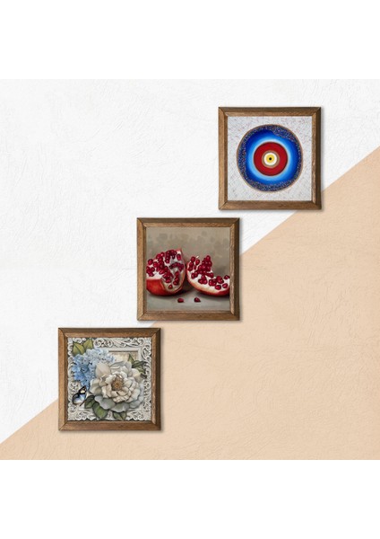 Nazar, Kelebekli Çiçek, Nar Taş Duvar Tablosu Ahşap Çerçeveli Duvar Dekoru 3 Parça Tablo Seti Wall Art W3-1184 indirimleri