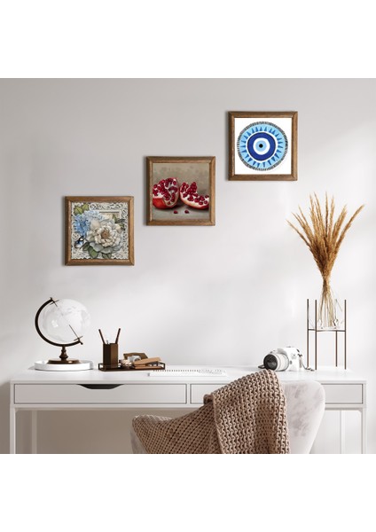 Nazar, Kelebekli Çiçek, Nar Taş Duvar Tablosu Ahşap Çerçeveli Duvar Dekoru 3 Parça Tablo Seti Wall Art W3-1185