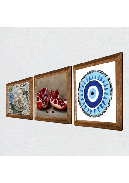 Nazar, Kelebekli Çiçek, Nar Taş Duvar Tablosu Ahşap Çerçeveli Duvar Dekoru 3 Parça Tablo Seti Wall Art W3-1185 fiyatları