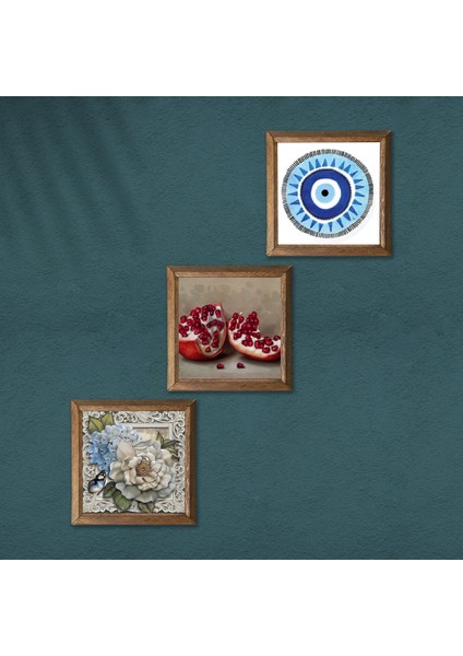 Nazar, Kelebekli Çiçek, Nar Taş Duvar Tablosu Ahşap Çerçeveli Duvar Dekoru 3 Parça Tablo Seti Wall Art W3-1185 modelleri