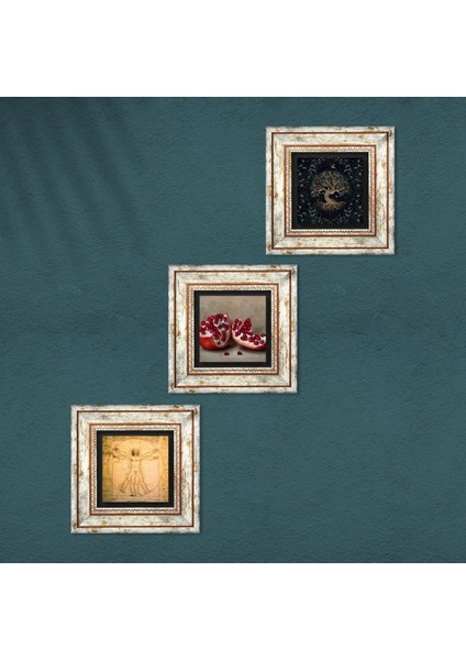 Hayat Ağacı, Leonardo da Vinci Vitruvius Adamı, Nar Çerçeveli Taş Duvar Tablosu 3’lü Set - Dekoratif Modern Sanat, Ev ve Ofis Dekoru |TK3-1366| fırsatları