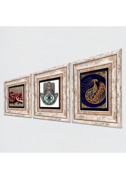 Stone Tavus Kuşu, Nar, Fatma Ana Eli (Hamsa) Çerçeveli Taş Duvar Tablosu 3’lü Set - Dekoratif Modern Sanat, Ev ve Ofis Dekoru |TK3-749| fiyatları