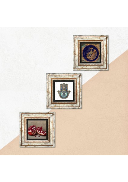 Stone Tavus Kuşu, Nar, Fatma Ana Eli (Hamsa) Çerçeveli Taş Duvar Tablosu 3’lü Set - Dekoratif Modern Sanat, Ev ve Ofis Dekoru |TK3-749| indirimleri
