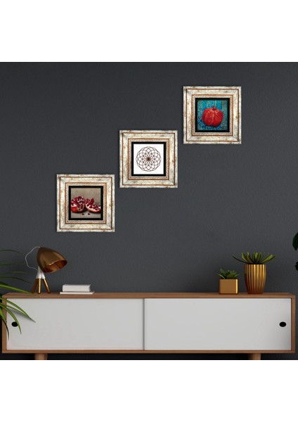 Yaşam Çiçeği, Nar Çerçeveli Taş Duvar Tablosu 3’lü Set - Dekoratif Modern Sanat, Ev ve Ofis Dekoru |TK3-819|