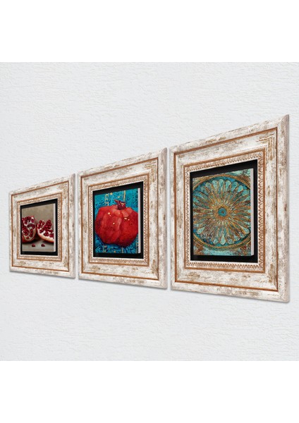 Yaşam Çiçeği, Nar Taş Duvar Tablosu Çerçeveli Duvar Dekoru 3 Parça Tablo Seti Wall Art T3-824