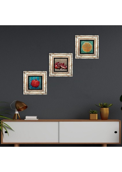 Lotus Çiçeği, Nar Taş Duvar Tablosu Çerçeveli Duvar Dekoru 3 Parça Tablo Seti Wall Art T3-826