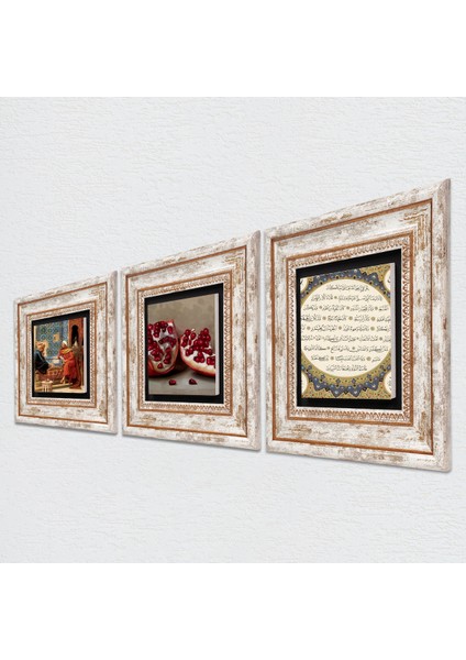 Hilye-i Şerif, Satranç Oyunu, Nar Taş Duvar Tablosu Çerçeveli Duvar Dekoru 3 Parça Tablo Seti Wall Art T3-1589