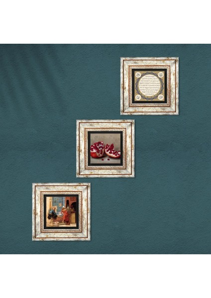 Hilye-i Şerif, Satranç Oyunu, Nar Taş Duvar Tablosu Çerçeveli Duvar Dekoru 3 Parça Tablo Seti Wall Art T3-1589
