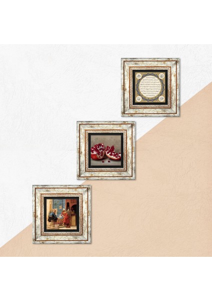Hilye-i Şerif, Satranç Oyunu, Nar Taş Duvar Tablosu Çerçeveli Duvar Dekoru 3 Parça Tablo Seti Wall Art T3-1589