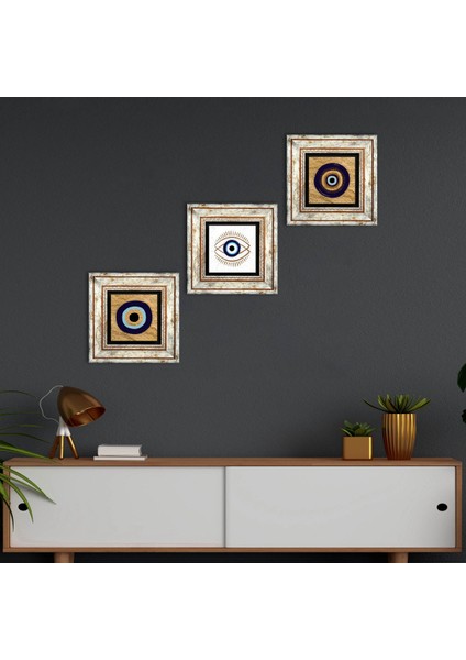 Stone Nazar Çerçeveli Taş Duvar Tablosu 3’lü Set - Dekoratif Modern Sanat, Ev ve Ofis Dekoru |TK3-1733|