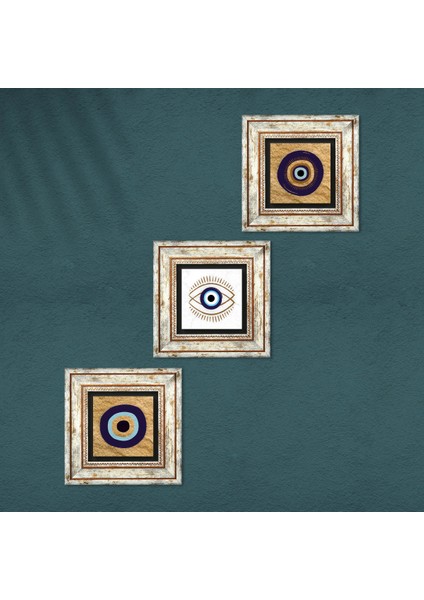 Stone Nazar Çerçeveli Taş Duvar Tablosu 3’lü Set - Dekoratif Modern Sanat, Ev ve Ofis Dekoru |TK3-1733| fırsatları
