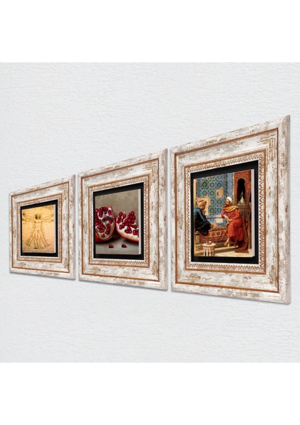 Satranç Oyunu, Leonardo da Vinci Vitruvius Adamı, Nar Taş Duvar Tablosu Çerçeveli Duvar Dekoru 3 Parça Tablo Seti Wall Art T3-1357