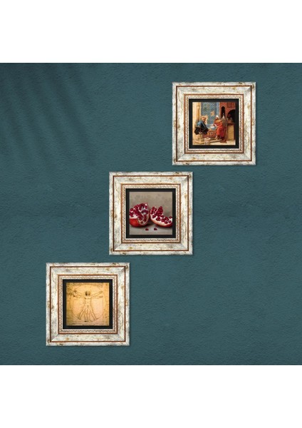 Satranç Oyunu, Leonardo da Vinci Vitruvius Adamı, Nar Taş Duvar Tablosu Çerçeveli Duvar Dekoru 3 Parça Tablo Seti Wall Art T3-1357