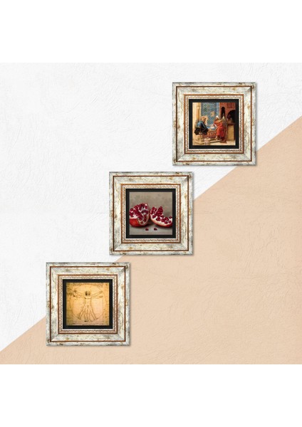 Satranç Oyunu, Leonardo da Vinci Vitruvius Adamı, Nar Taş Duvar Tablosu Çerçeveli Duvar Dekoru 3 Parça Tablo Seti Wall Art T3-1357