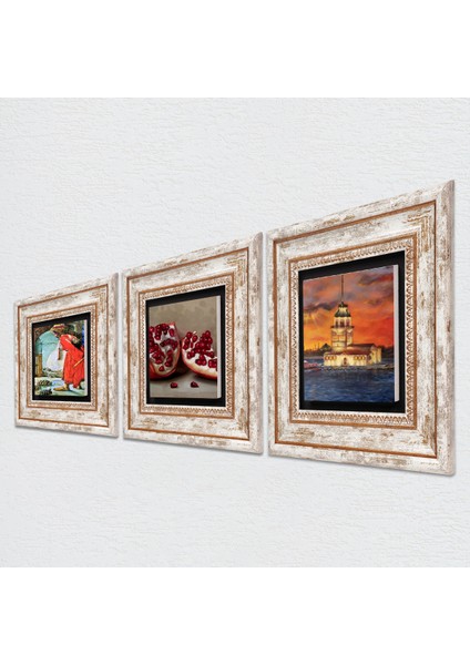 İstanbul Kız Kulesi, Kaplumbağa Terbiyecisi, Nar Taş Duvar Tablosu Çerçeveli Duvar Dekoru 3 Parça Tablo Seti Wall Art T3-1534 fiyatları