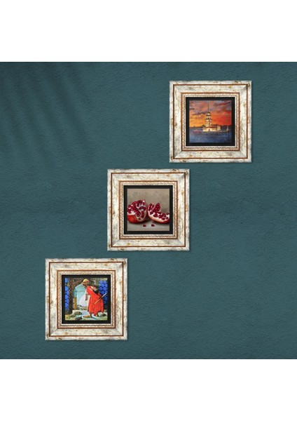 İstanbul Kız Kulesi, Kaplumbağa Terbiyecisi, Nar Taş Duvar Tablosu Çerçeveli Duvar Dekoru 3 Parça Tablo Seti Wall Art T3-1534 fırsatları