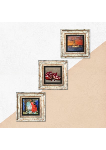 İstanbul Kız Kulesi, Kaplumbağa Terbiyecisi, Nar Taş Duvar Tablosu Çerçeveli Duvar Dekoru 3 Parça Tablo Seti Wall Art T3-1534 indirimleri