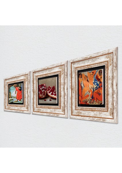 Picasso Avignonlu Kızlar, Kaplumbağa Terbiyecisi, Nar Taş Duvar Tablosu Çerçeveli Duvar Dekoru 3 Parça Tablo Seti Wall Art T3-1579