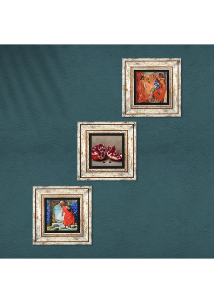 Picasso Avignonlu Kızlar, Kaplumbağa Terbiyecisi, Nar Taş Duvar Tablosu Çerçeveli Duvar Dekoru 3 Parça Tablo Seti Wall Art T3-1579