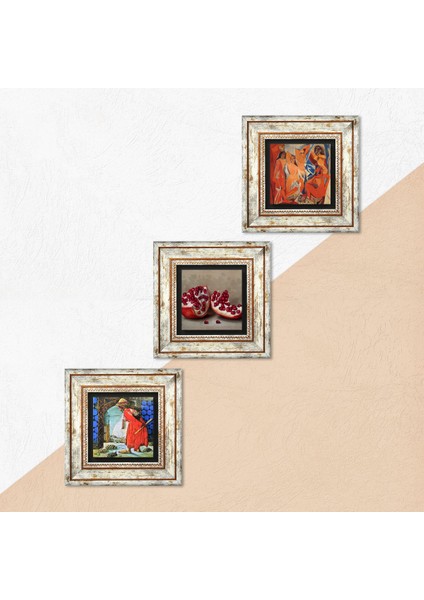 Picasso Avignonlu Kızlar, Kaplumbağa Terbiyecisi, Nar Taş Duvar Tablosu Çerçeveli Duvar Dekoru 3 Parça Tablo Seti Wall Art T3-1579