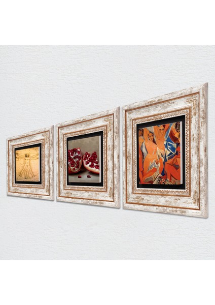 Picasso Avignonlu Kızlar, Da Vinci Vitruvius Adamı, Nar Taş Duvar Tablosu Çerçeveli Duvar Dekoru 3 Parça Tablo Seti Wall Art T3-1395