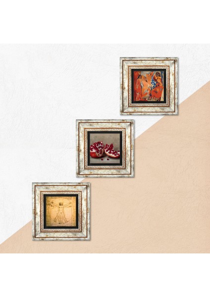 Picasso Avignonlu Kızlar, Da Vinci Vitruvius Adamı, Nar Taş Duvar Tablosu Çerçeveli Duvar Dekoru 3 Parça Tablo Seti Wall Art T3-1395