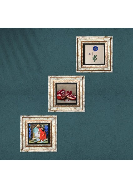 Ebru Sanatı, Kaplumbağa Terbiyecisi, Nar Taş Duvar Tablosu Çerçeveli Duvar Dekoru 3 Parça Tablo Seti Wall Art T3-1540