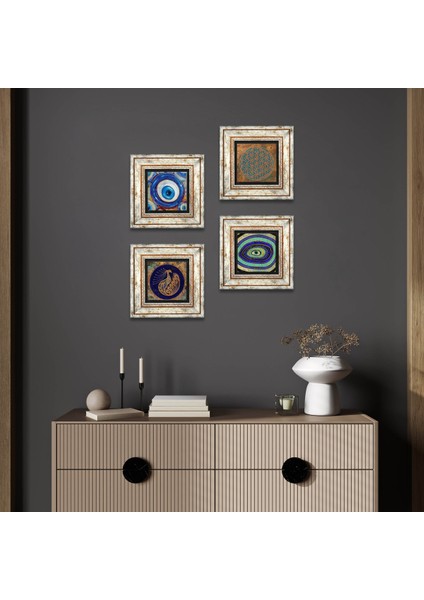 Stone Yaşam Çiçeği, Nazar, Tavus Kuşu Çerçeveli Taş Duvar Tablosu 4’lü Set - Dekoratif Modern Sanat, Ev ve Ofis Dekoru |TK4-1253|