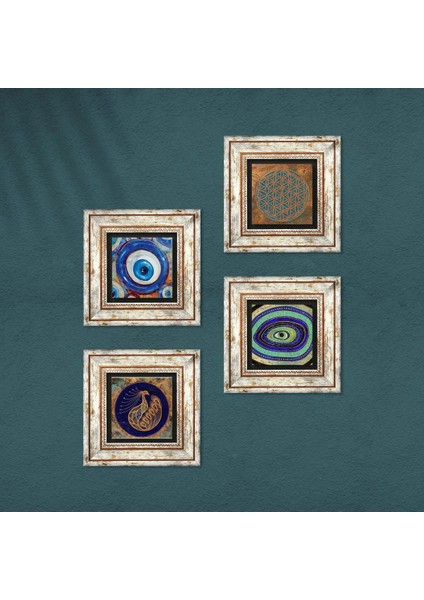 Stone Yaşam Çiçeği, Nazar, Tavus Kuşu Çerçeveli Taş Duvar Tablosu 4’lü Set - Dekoratif Modern Sanat, Ev ve Ofis Dekoru |TK4-1253| fırsatları