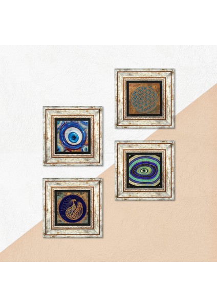 Stone Yaşam Çiçeği, Nazar, Tavus Kuşu Çerçeveli Taş Duvar Tablosu 4’lü Set - Dekoratif Modern Sanat, Ev ve Ofis Dekoru |TK4-1253| indirimleri