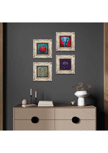 Hayat Ağacı, Fil, Yaşam Çiçeği, Nar Taş Duvar Tablosu Çerçeveli Duvar Dekoru 4 Parça Tablo Seti Wall Art T4-1278