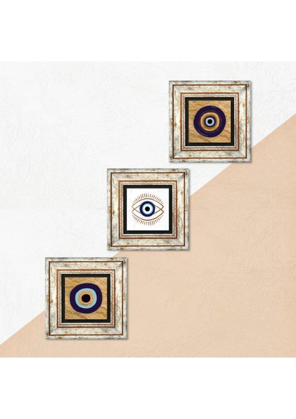Stone Nazar Çerçeveli Taş Duvar Tablosu 3’lü Set - Dekoratif Modern Sanat, Ev ve Ofis Dekoru |TK3-1733| indirimleri