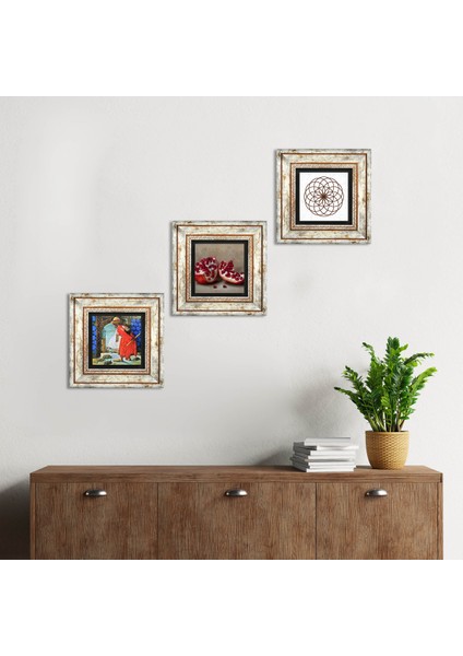 Yaşam Çiçeği, Kaplumbağa Terbiyecisi, Nar Taş Duvar Tablosu Çerçeveli Duvar Dekoru 3 Parça Tablo Seti Wall Art T3-1545