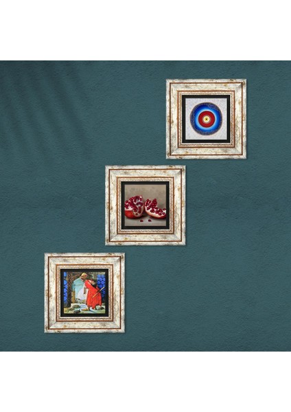 Nazar, Kaplumbağa Terbiyecisi, Nar Taş Duvar Tablosu Çerçeveli Duvar Dekoru 3 Parça Tablo Seti Wall Art T3-1565 fırsatları