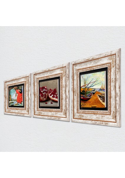 Van Gogh Balıkçı Tekneleri, Kaplumbağa Terbiyecisi, Nar Taş Duvar Tablosu Çerçeveli Duvar Dekoru 3 Parça Tablo Seti Wall Art T3-1573