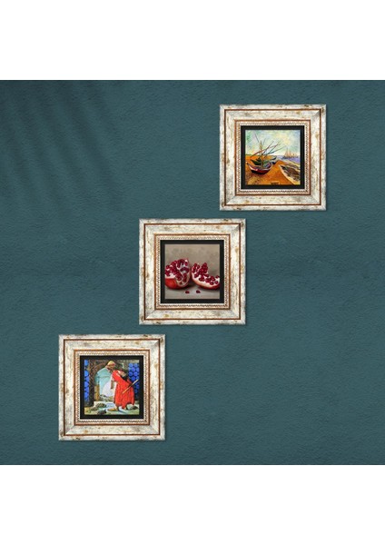 Van Gogh Balıkçı Tekneleri, Kaplumbağa Terbiyecisi, Nar Taş Duvar Tablosu Çerçeveli Duvar Dekoru 3 Parça Tablo Seti Wall Art T3-1573