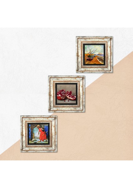 Van Gogh Balıkçı Tekneleri, Kaplumbağa Terbiyecisi, Nar Taş Duvar Tablosu Çerçeveli Duvar Dekoru 3 Parça Tablo Seti Wall Art T3-1573