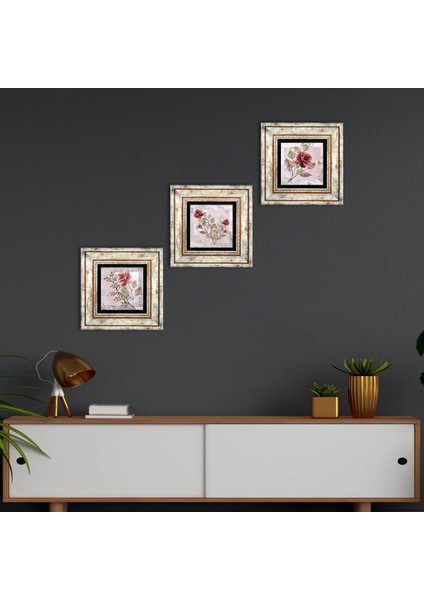 Gül Çiçek Taş Duvar Tablosu Çerçeveli Duvar Dekoru 3 Parça Tablo Seti Wall Art T3-1716