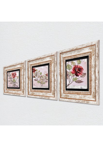 Gül Çiçek Taş Duvar Tablosu Çerçeveli Duvar Dekoru 3 Parça Tablo Seti Wall Art T3-1716