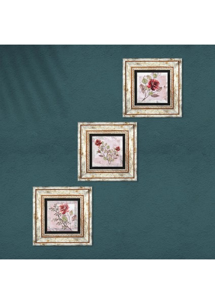 Gül Çiçek Taş Duvar Tablosu Çerçeveli Duvar Dekoru 3 Parça Tablo Seti Wall Art T3-1716
