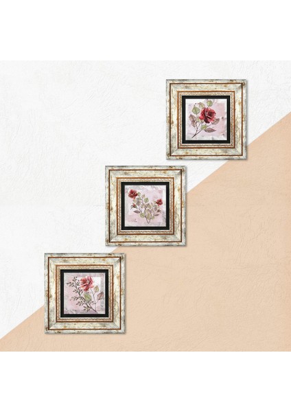 Gül Çiçek Taş Duvar Tablosu Çerçeveli Duvar Dekoru 3 Parça Tablo Seti Wall Art T3-1716