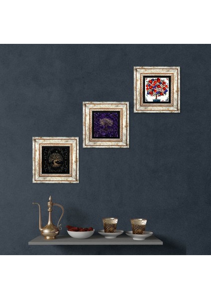 Hayat Ağacı, Nar Ağacı Taş Duvar Tablosu Çerçeveli Duvar Dekoru 3 Parça Tablo Seti Wall Art T3-1900